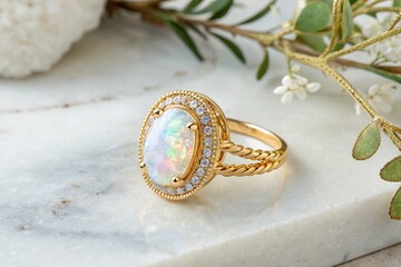 Naklejka premium Luxury opal ring with diamonds on marble surface, sparkling in soft light. Elegant gold jewelry closeup for engagement, wedding, anniversary, romantic gift and premium fashion concept.