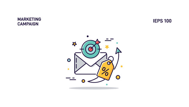 Email marketing campaign concept centered on an envelope icon paired with a discount tag and subtle upward arrow, symbolizing targeted outreach and sales