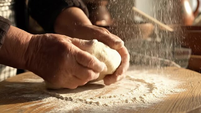 Baking process with hands kneading dough at kitchen. Traditional culinary skills create fresh bread. Flour dust dances in warm light, creating inviting atmosphere.