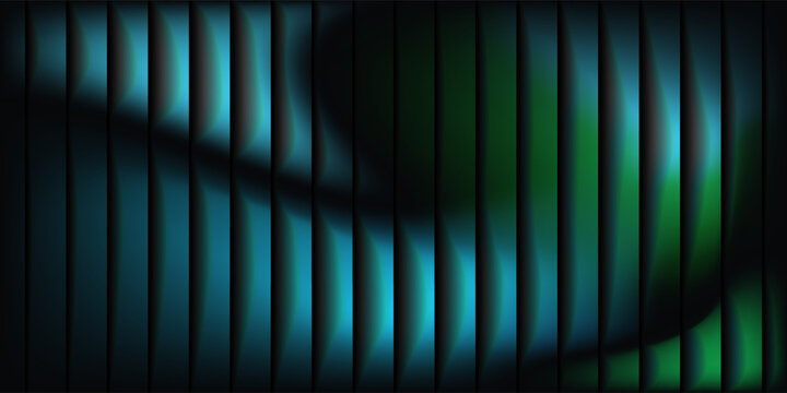 A striped glass gradient surface, in neon green and turquoise shades, a futuristic panel with vertical prism distortion. A dark abstract plane filled with fractal textures, vector illustration.