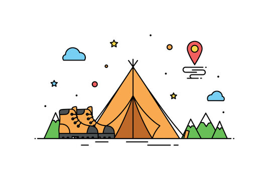 Adventure style glamping concept centered on a tent paired with hiking boots and a small trail marker icon, expressing active outdoor experiences with added
