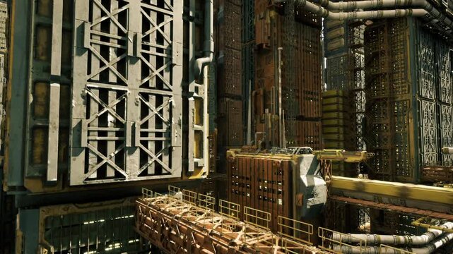 suspended pipeline bridge crossing industrial void with trussed supports and girder lines, engineered span showing clamps and service walkway, strong linear