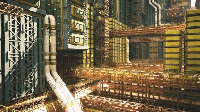 complex maintenance scaffolding maze with intersecting catwalks, vertical pipes, service ducts, tool stations and gritty industrial texture under warm glow