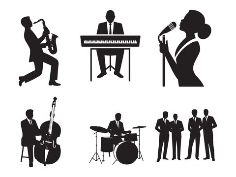 Jazz Day Black silhouette jazz band musicians playing instruments and singing vector