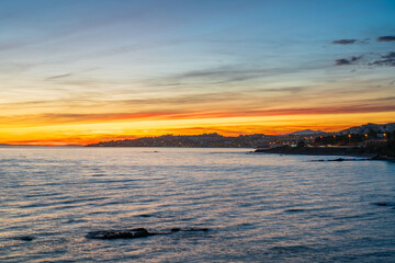 Sunset view of the coastal town of La Cala de Mijas near Malaga. Spain 
