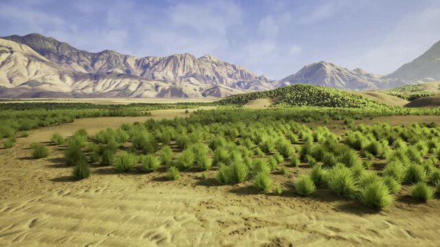 sunlit arid shrubland with mountain backdrop, scattered seedlings and textured sand patterns, ideal for conservation imagery and landscape ecology references