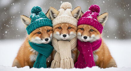 Fototapeta premium Three red foxes in knitted hats and scarves standing in snow, symbolizing winter warmth, companionship, and a cozy holiday spirit