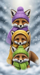 Fototapeta premium Three stacked foxes wearing colorful winter hats and scarves in a snowy forest, symbolizing warmth, togetherness, and winter charm