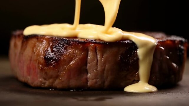 Slow motion close up of beef steak being drizzled with melted cheese sauce on hot griddle surface