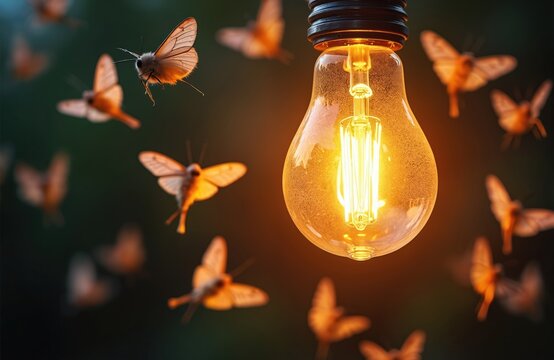 Moths flutter around a bright incandescent light bulb at dusk. Insects are drawn to the warm glow in the dark night. This scene shows nature attraction to man made light.