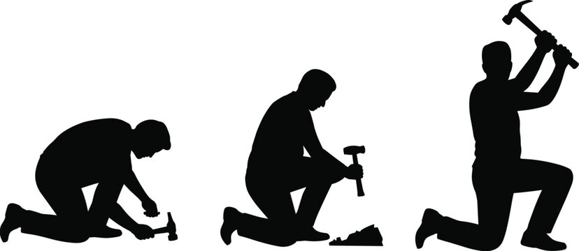 Worker hammer silhouettes set, construction labor poses collection, handyman tool action vector illustration, black builder shapes isolated design