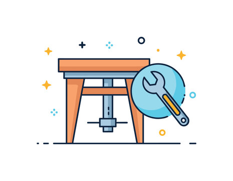 Home workshop furniture repair scene featuring a small table with tightened legs and a subtle wrench icon nearby, expressing maintenance and practical skills.