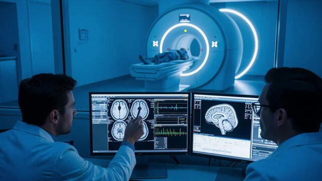 Radiology doctors meticulously examine neural images during medical procedures