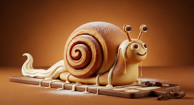 A whimsical edible snail sculpture crafted from a sweet cinnamon roll and smooth vanilla icing