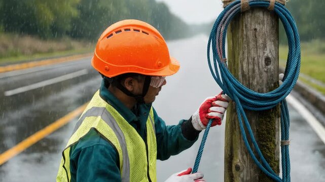 Technician securing telecom cable bundles on wooden utility pole along a rural highway main focus on worker and cable blurred road and trees in background.