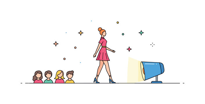 Top model walking on a catwalk with spotlight following, showing confidence, fashion elegance, and audience admiration. Minimalist flat vector illustration,