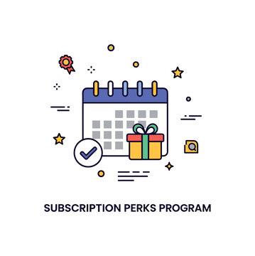Subscription perks program concept built around a calendar icon with a small gift and checkmark, expressing recurring benefits and scheduled rewards. The