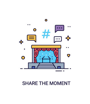 Event hashtags live concert interaction concept showing a compact stage icon beneath a floating hashtag and tiny chat bubbles, representing audience