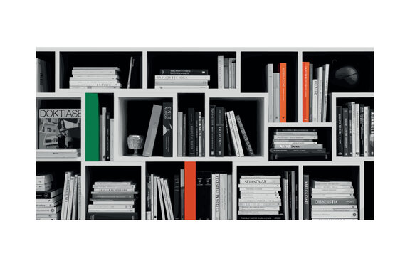 Black and white bookshelf filled with art books and reference materials, structured rectangular blocks forming a rhythmic pattern, bold emerald green and burnt