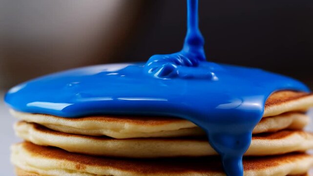 Slow motion close up of blue syrup pouring over stack of pancakes on neutral background in studio