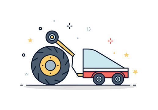Rural transport power heavy duty tractor wheel supporting a simplified trailer outline, expressing load capacity and dependable hauling. A modern editorial