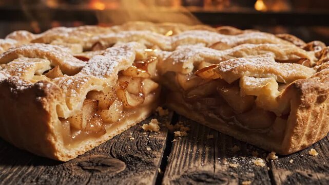 Freshly baked apple pie with slice removed on rustic wooden table for food and bakery content