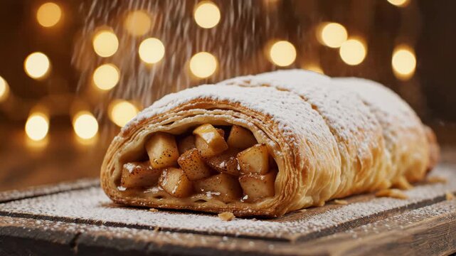 Powdered sugar falling over fresh apple strudel on wooden board for food and holiday content