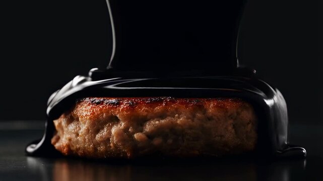 Slow motion close up of burger patty being poured over and coated with glossy black sauce on dark tabletop studio surface
