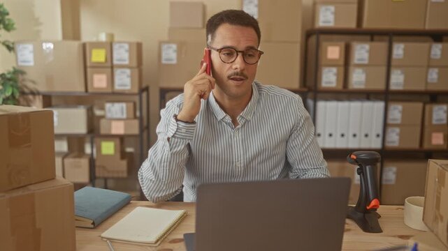 Man holding smartphone to ear in building stockroom with laptop, barcode scanner and stacked cardboard boxes on shelves; entrepreneurial focus.
