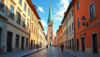 Fototapeta premium Cobbled street runs toward impressive church spire in European town. Tall buildings line narrow pathway with vibrant facades. People walk along historic road under sunny sky. Charming urban scene