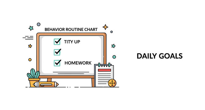 Behavior chart home routine tracker concept featuring a tidy board with check marks aligned next to daily tasks like tidy up and homework,