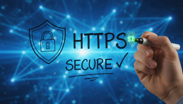 Hand Holding Marker Writing HTTPS Secure Concept on Digital Background