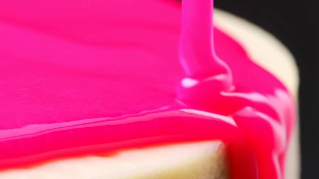 Slow motion close up of pink icing pouring and dripping over round cake on black studio countertop in kitchen setting