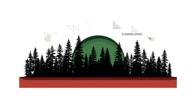 Black and white forest landscape with evenly spaced trees, oversized deep green sun circle rising behind treetops, earthy red rectangular block crossing lower