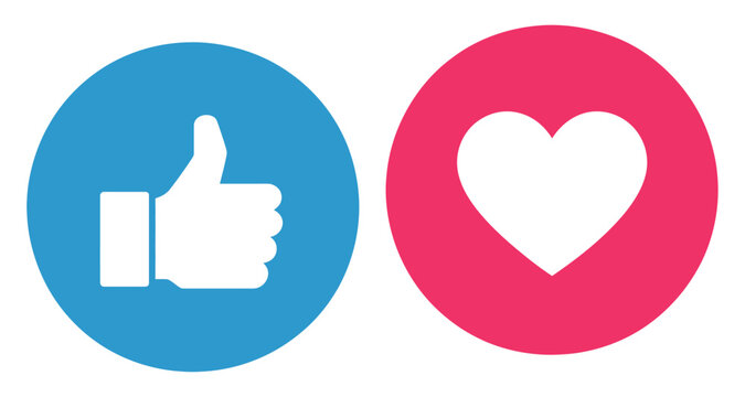 like and love icon button set, thumbs up and heart icons in circle button shapes, social media notification symbols, emoji post reactions collection, approval and favorite signs, clean vector