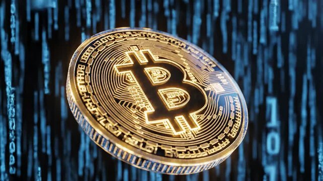 Bitcoin gold coin rotating on digital binary code background for cryptocurrency and finance content