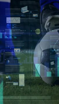 Vertical video: Soccer team planting foot, lead player kicking ball forward while HUD syncing