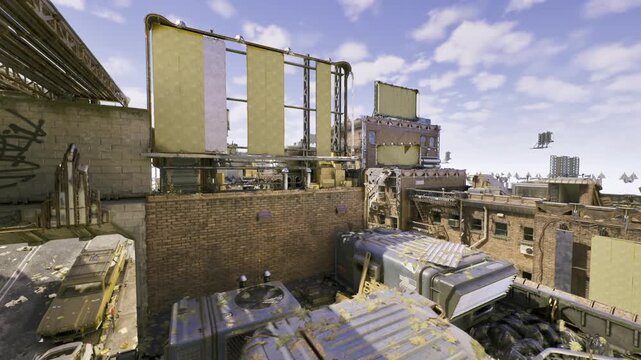 Rooftop industrial scene brick vents hvac. Sunlit golden hour casting long shadows over weathered equipment, rusted ductwork, gravel bed, parapet wall, distant