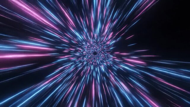 Neon light streaks zooming through hyperspace tunnel on dark background for sci-fi and technology intro