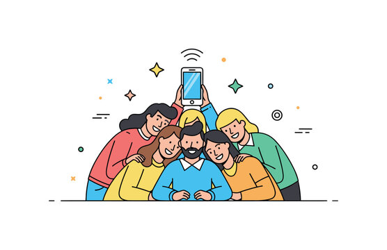 Happy memory capture illustration centered on a tight cluster of friends leaning inward toward a raised phone, expressing unity, laughter, and modern