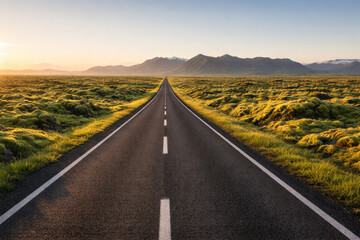 Fototapeta premium Serene road stretching through lush green landscape at sunset