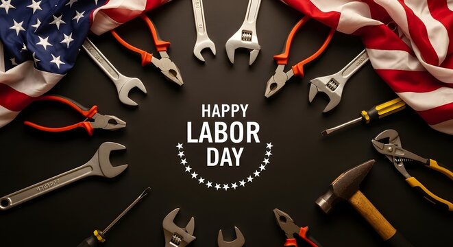 Happy labor day celebration with tools and american flags