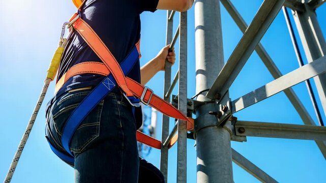 Medium shot of a worker wearing safety harness climbing a cell tower under sunny blue sky with blurred background of distant antennas.