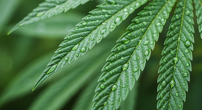Close-up of a vibrant green, serrated leaf covered in glistening water droplets