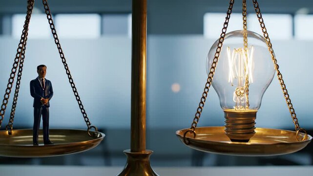 Miniature businessman standing on justice scale balanced against glowing light bulb for business and innovation concept