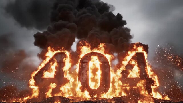 Massive 404 error sign burning and exploding in dramatic fire and smoke for web and technology content