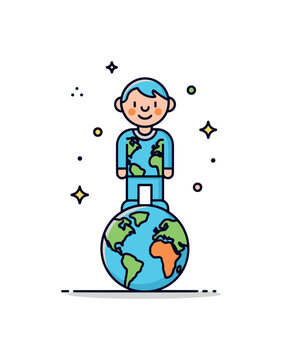 Earthling standing on a small stylized planet with simple continents symbolizing identity and belonging to the world. A gentle smile and subtle star accents