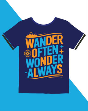 Navy blue tshirt with wander often wonder always text and design on white background
