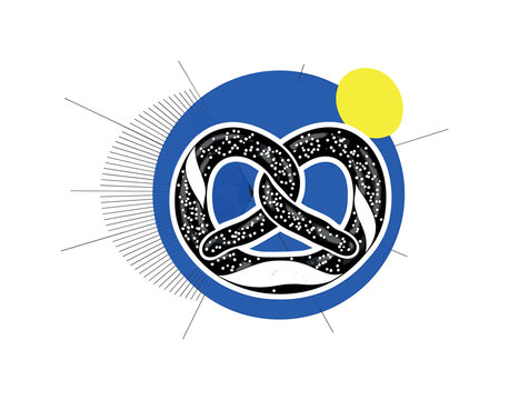 Black and white pretzel twisted into bold shape, strong cobalt blue circle backdrop, bright yellow semicircle accent intersecting edge, thin geometric lines