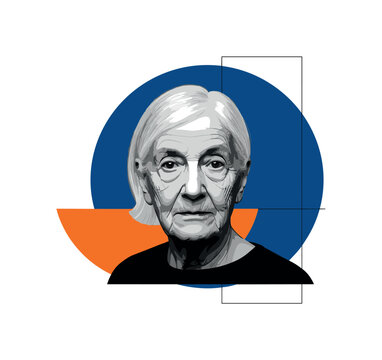 elderly face with expressive eyes and soft grey hair in monochrome, large deep blue geometric circle behind the head and orange half-circle accent crossing